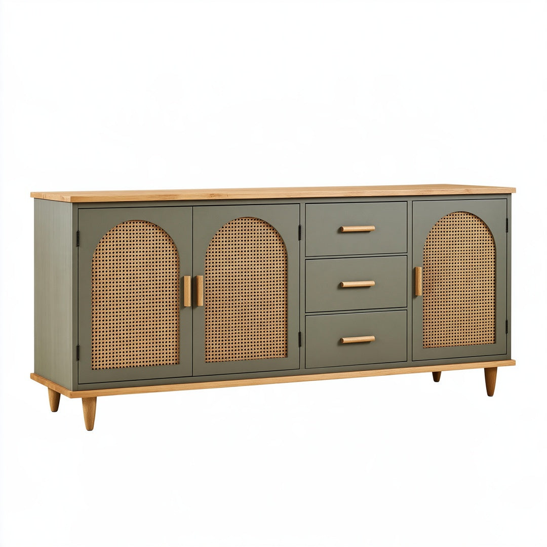 Credenza 160 x 40 x 85 cm in legno verde oliva con rattan intrecciato - mobile contenitore stile retrò