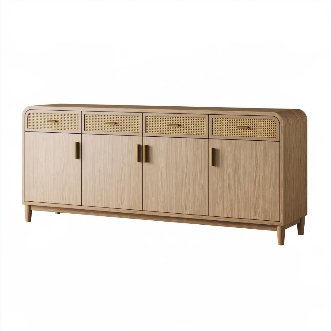 Credenza 180x45x85 cm in legno rovere chiaro con rattan - contenitore moderno
