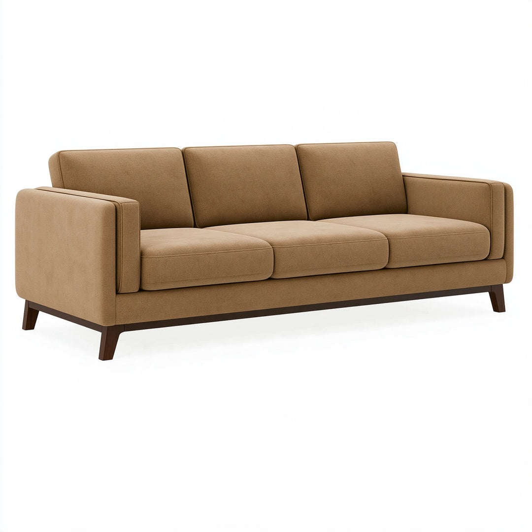 Divano 3 posti 220 x 90 x 85 cm in tessuto marrone con gambe in legno stile moderno