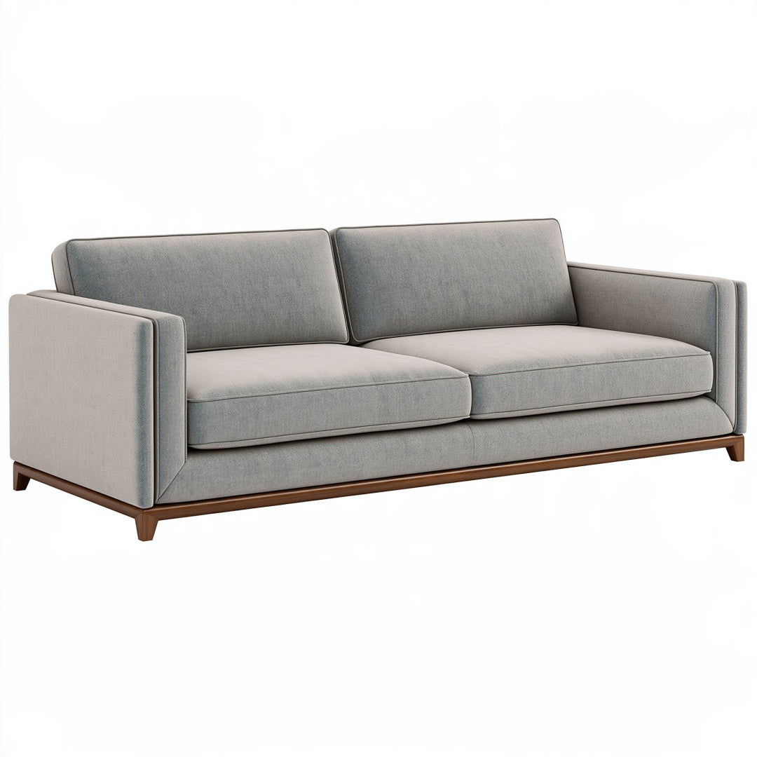 Divano 3 posti 220 cm in tessuto grigio con base in legno stile moderno