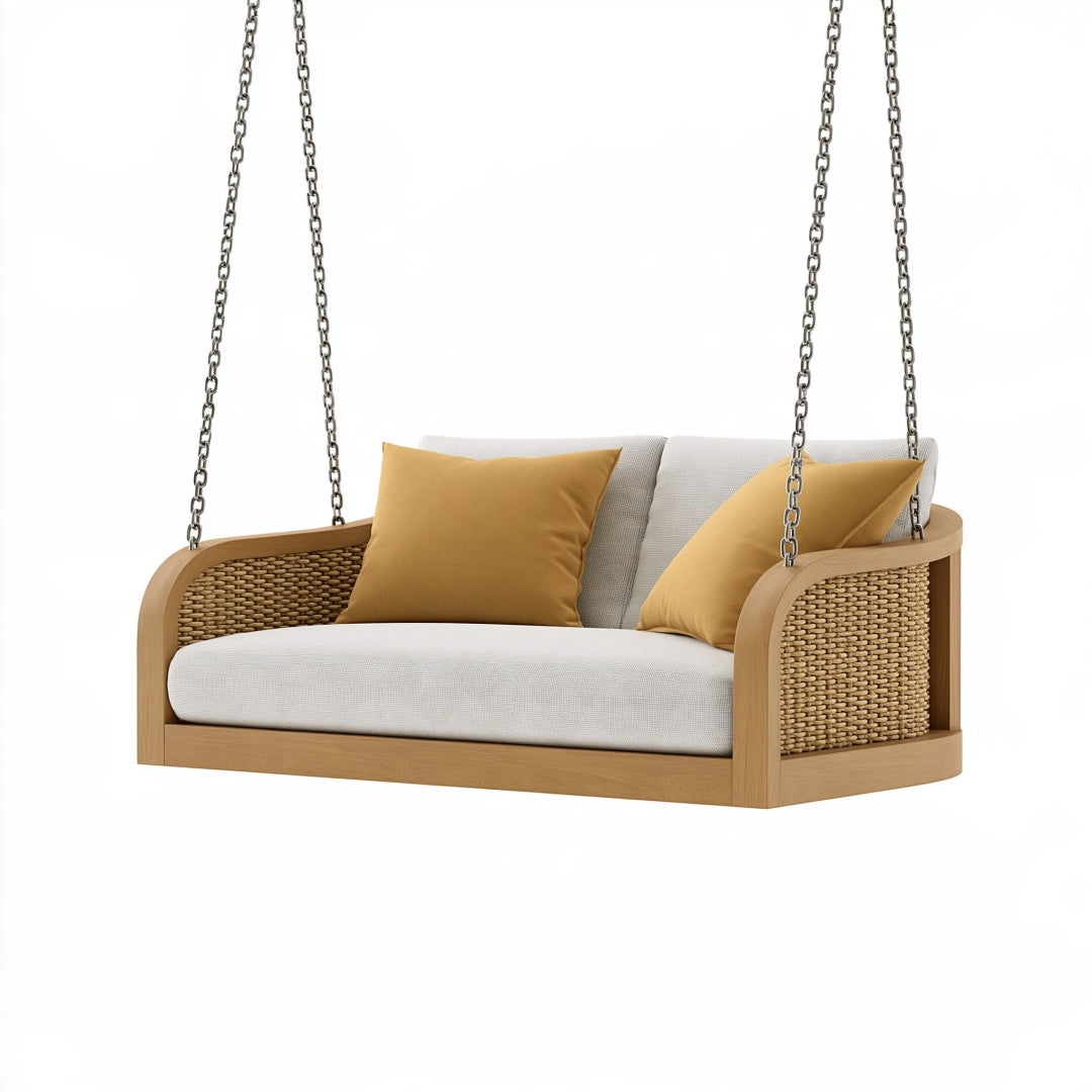 Divano sospeso 140 x 75 x 65 cm in legno beige con intreccio laterale stile naturale