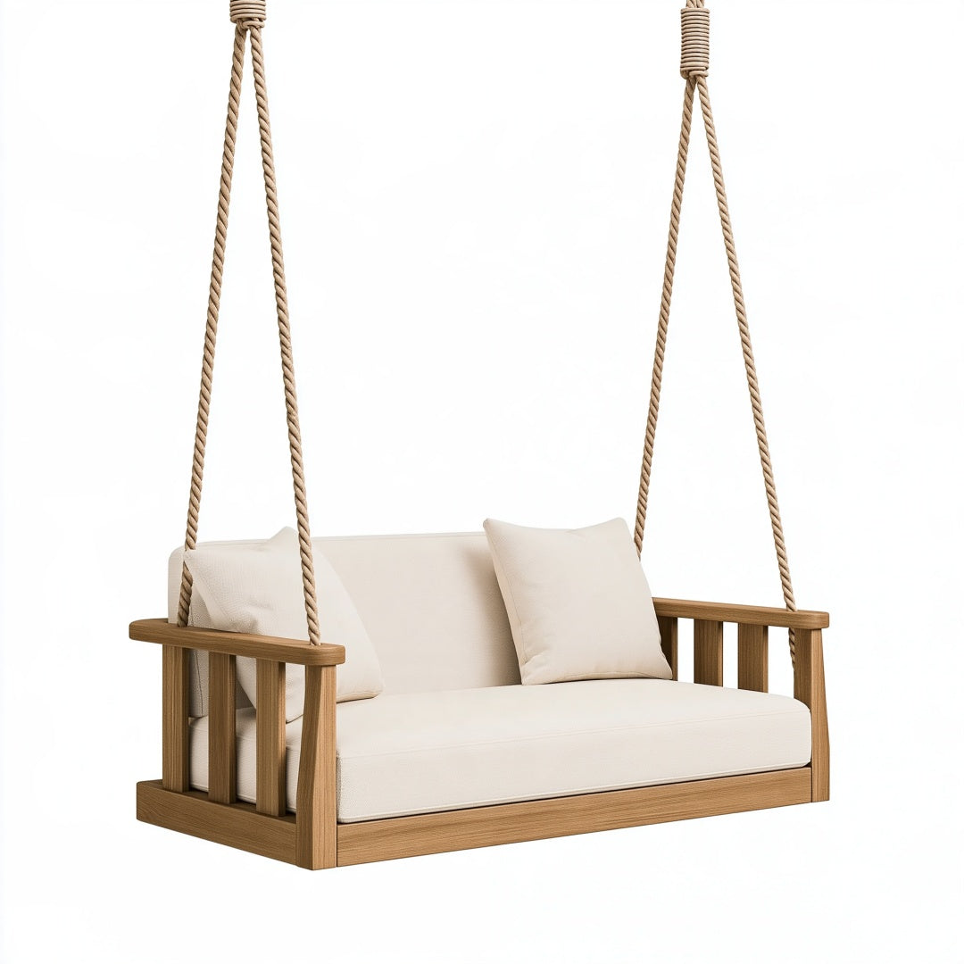 Divano sospeso 140 x 70 x 60 cm in legno beige con corde intrecciate stile naturale