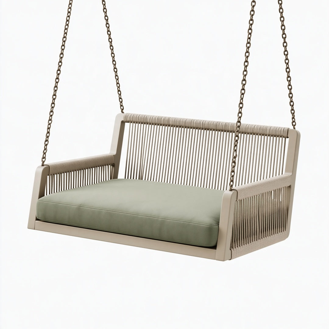 Dondolo sospeso 140 x 75 x 65 cm in metallo beige con corda intrecciata e seduta verde stile moderno da esterno