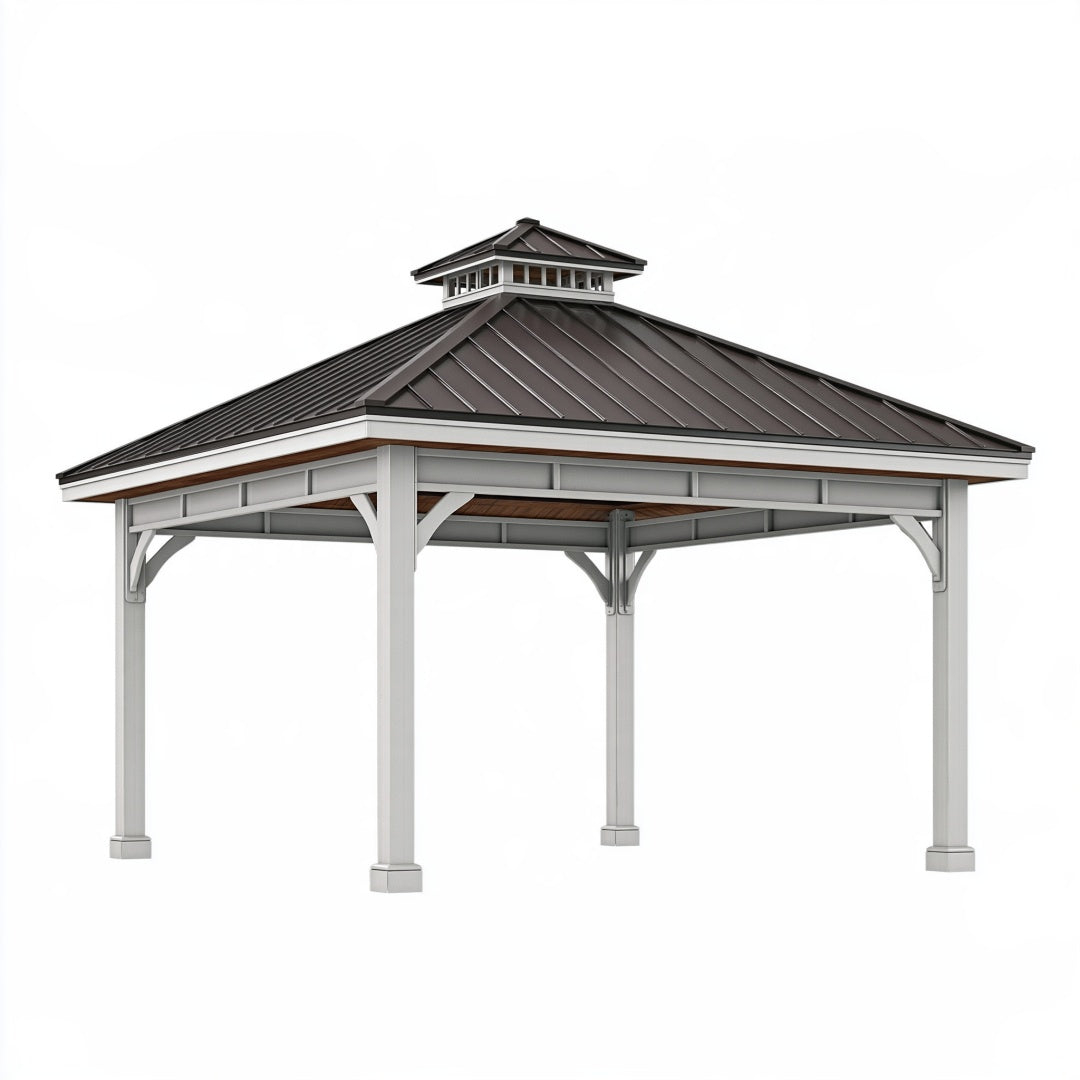 Gazebo da giardino 400 x 400 x 350 cm in alluminio bianco con tetto rigido marrone stile moderno