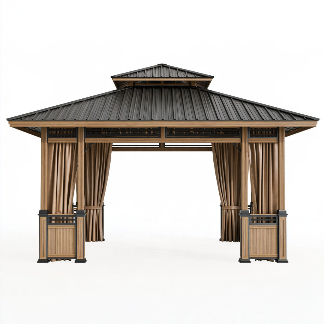 Gazebo da giardino 300 x 300 x 300 cm marrone con tende e tetto metallico
