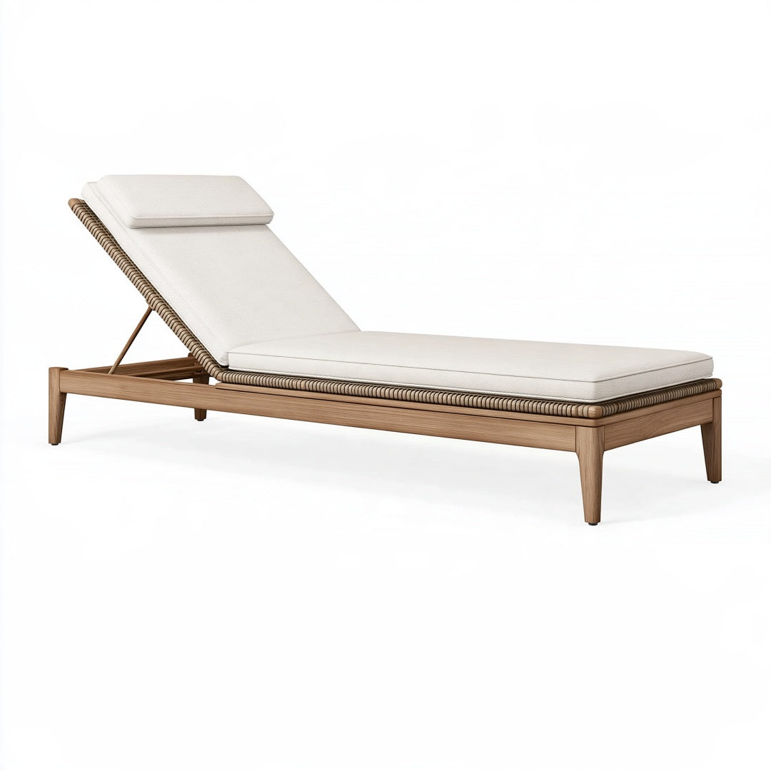 Lettino prendisole 200 x 70 cm in legno marrone con rivestimento beige e schienale reclinabile