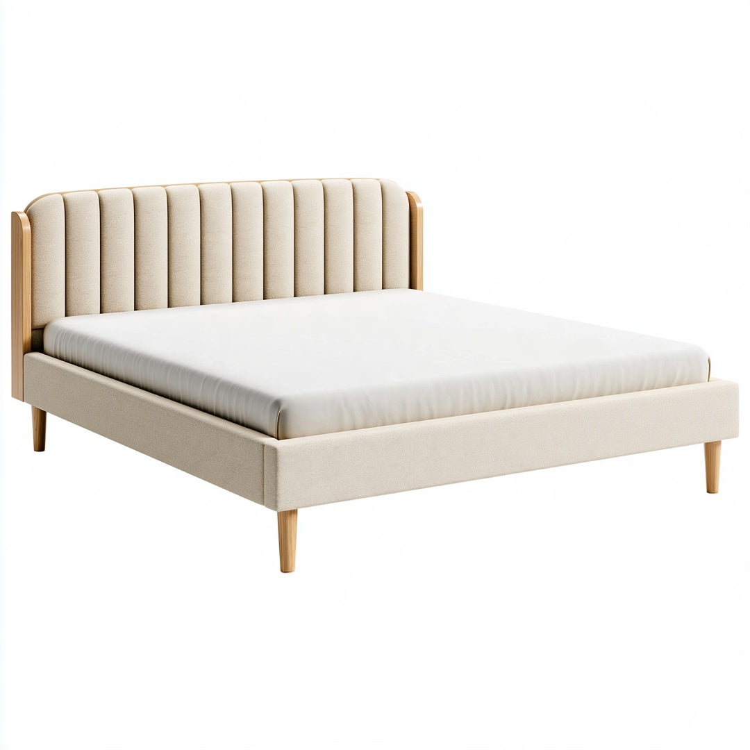 Letto matrimoniale 160x200 cm in tessuto beige con struttura in legno stile moderno