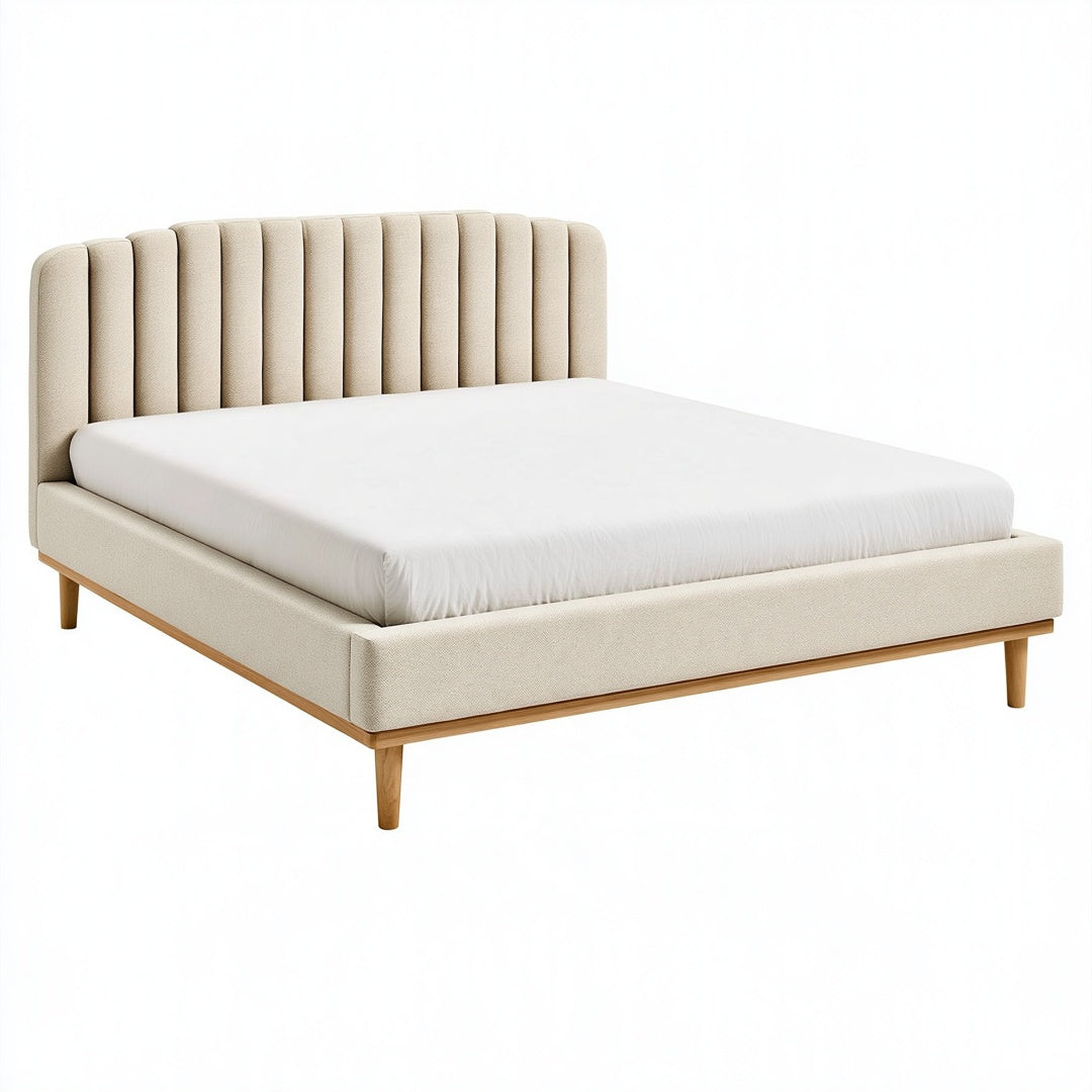 Letto matrimoniale 160 x 200 cm imbottito beige con testiera a pannelli e gambe in legno