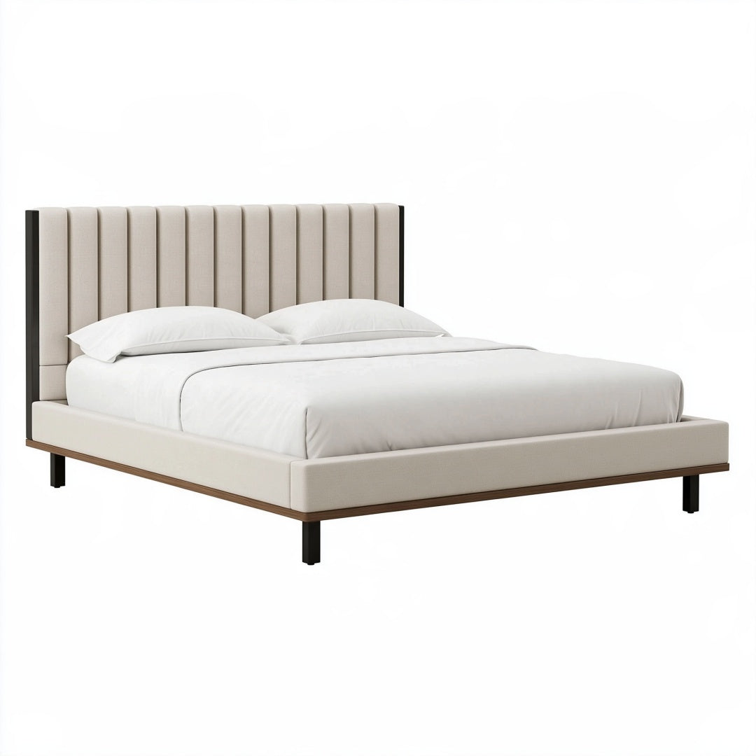 Letto matrimoniale 180 x 200 cm imbottito beige con testiera a canali stile moderno