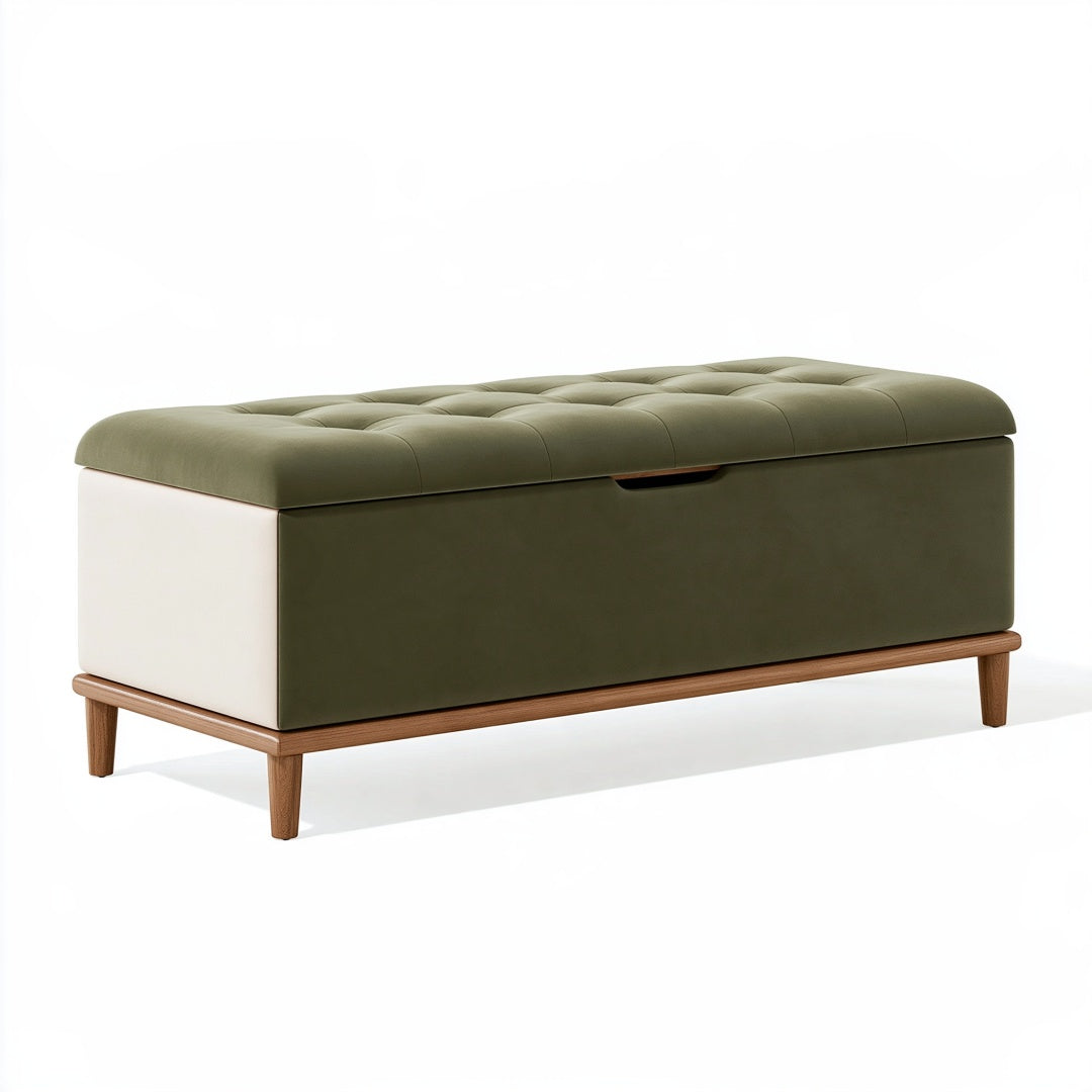 Panca contenitore 120 x 45 x 48 cm in similpelle verde oliva e bianco con gambe in legno stile moderno