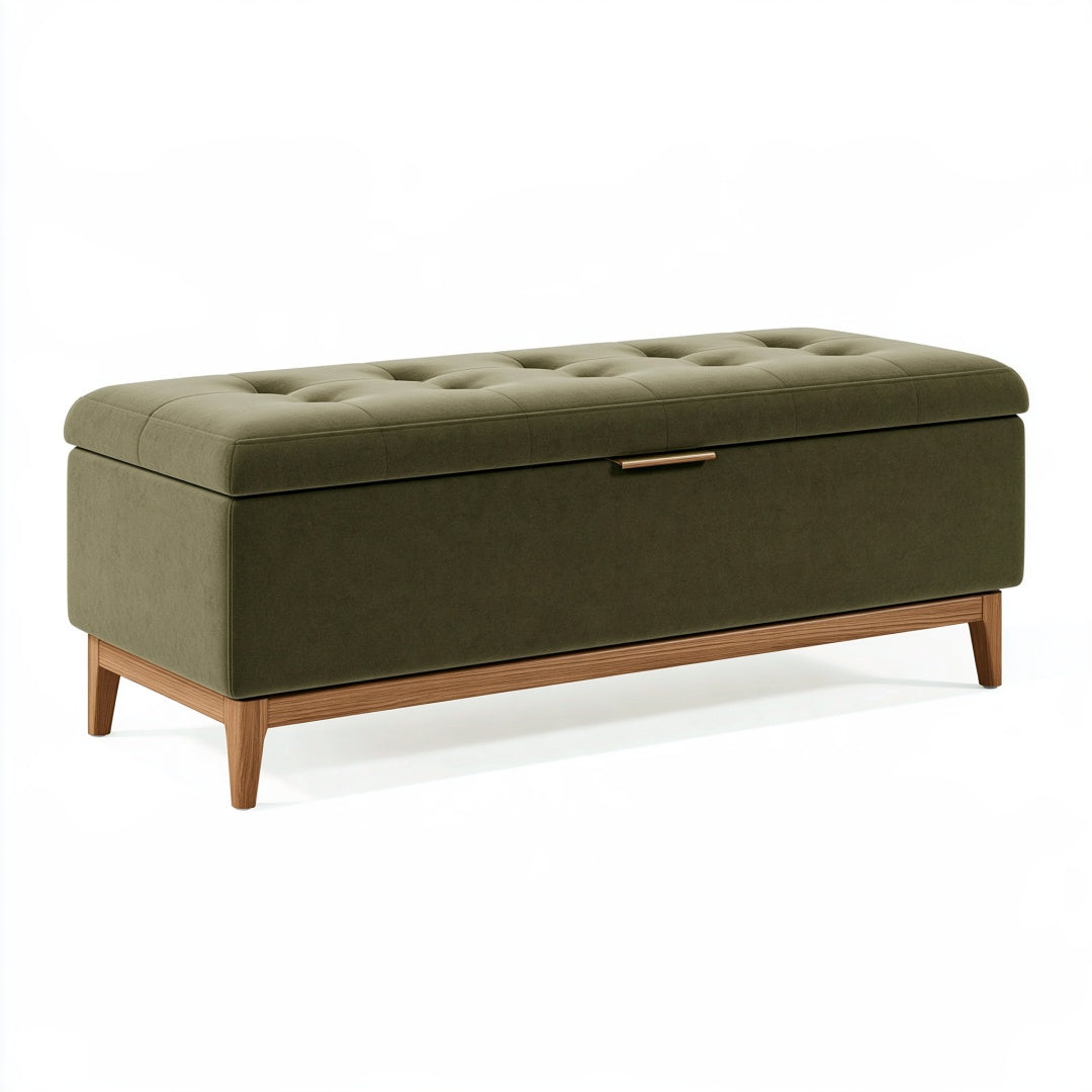 Panca contenitore 120 cm in tessuto verde oliva con gambe in legno - stile moderno