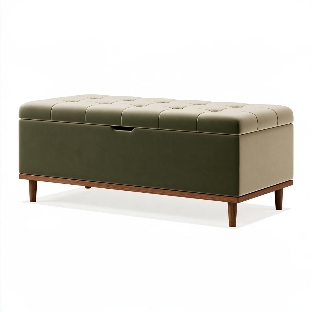 Panca contenitore 120 x 45 x 48 cm in similpelle verde oliva e beige - seduta capitonné con gambe in legno