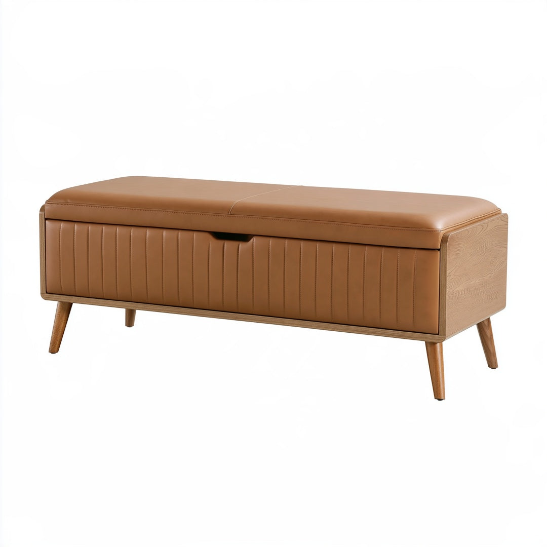 Panca contenitore 120 x 40 x 45 cm in similpelle marrone con struttura in legno stile moderno