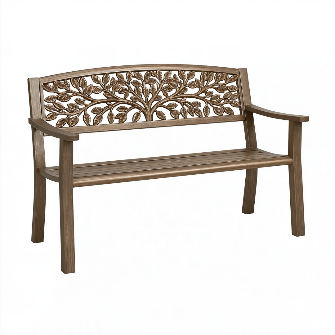 Panca da giardino 122 cm in metallo marrone con schienale ad albero