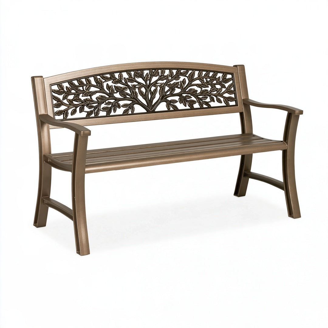 Panchina da giardino 122 x 61 x 88 cm in metallo bronzo con schienale decorativo stile classico