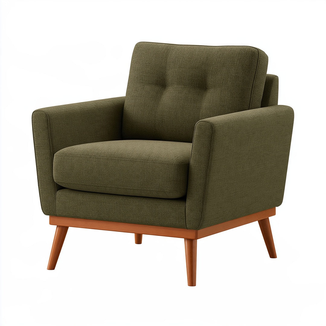 Poltrona 80 x 85 x 90 cm in tessuto verde oliva con gambe in legno stile moderno