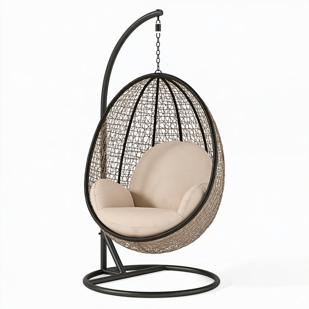 Poltrona sospesa 105 x 105 x 195 cm in acciaio nero e intreccio beige con base autoportante
