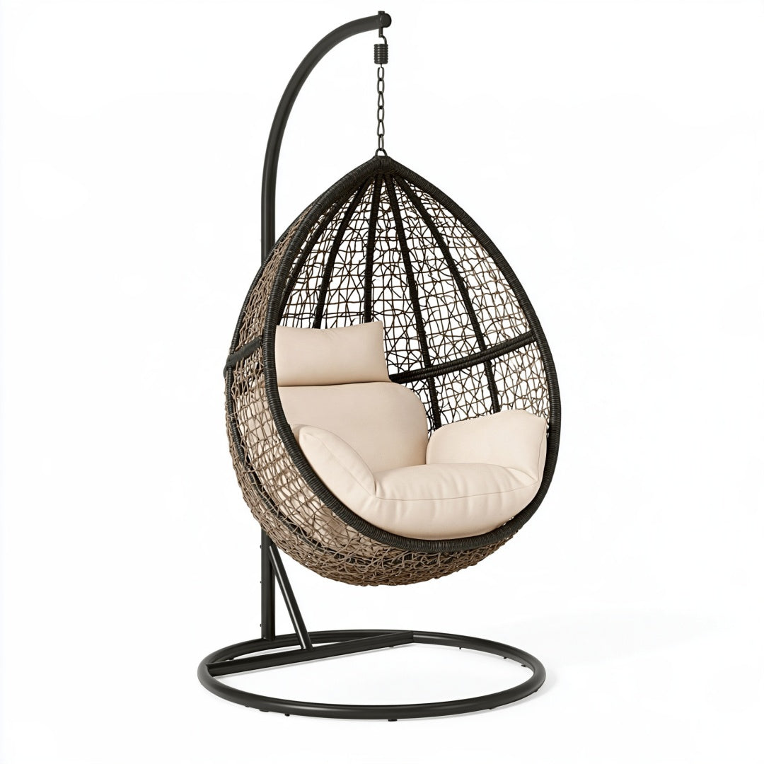 Poltrona sospesa 105 x 105 x 200 cm in rattan sintetico marrone con struttura in acciaio nero per interni ed esterni