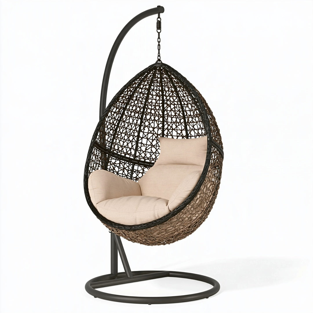 Poltrona sospesa 105x195 cm in metallo e fibra intrecciata marrone con supporto nero